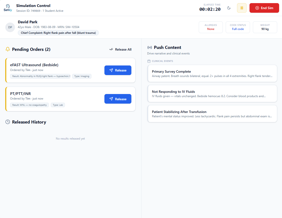 Simly instructor view with pending orders, a released history panel, and a push content panel of clinical events.