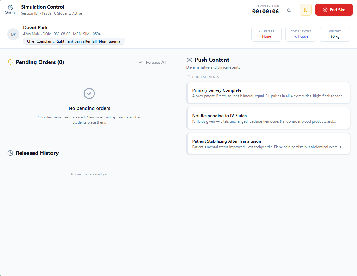 Simly instructor simulation control view showing pending orders from David Park (42yo Male, right flank pain after fall) with release buttons and a Push Content panel with clinical events like Primary Survey Complete and Not Responding to IV Fluids.