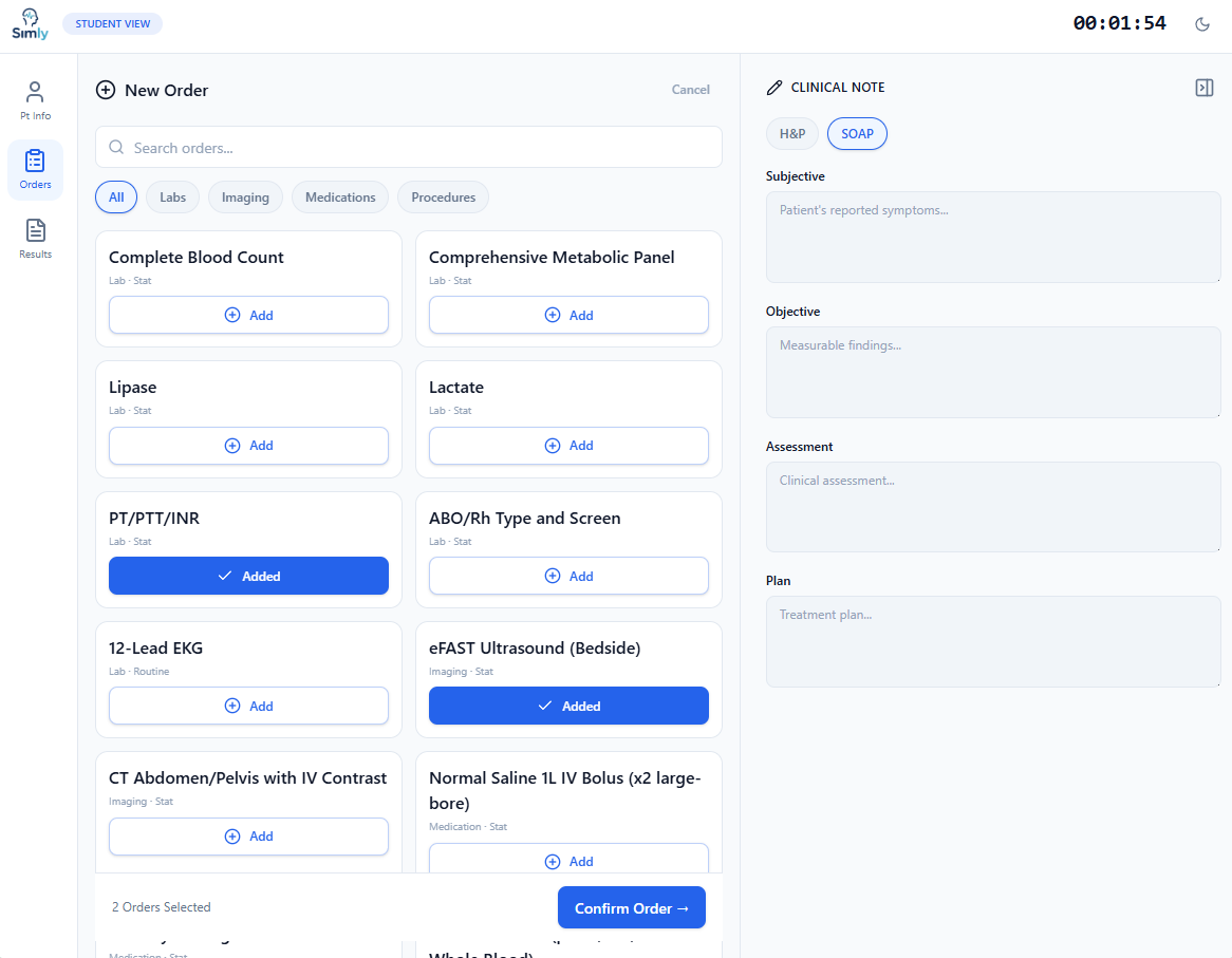 Simly student order entry view with a catalog of labs, imaging, and medications, two orders selected, and a SOAP clinical note panel alongside.